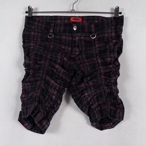 Y2K Milly Jeans Shorts Womens 32 x 12 Red Plaid Ruched D Ring Punk Grunge Goth